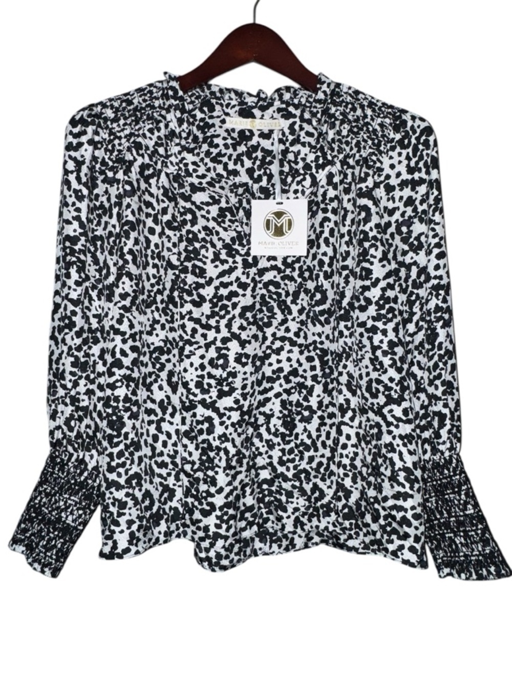 Marie Oliver Kate Smocked Blouse Size L White Speckle NWT $248